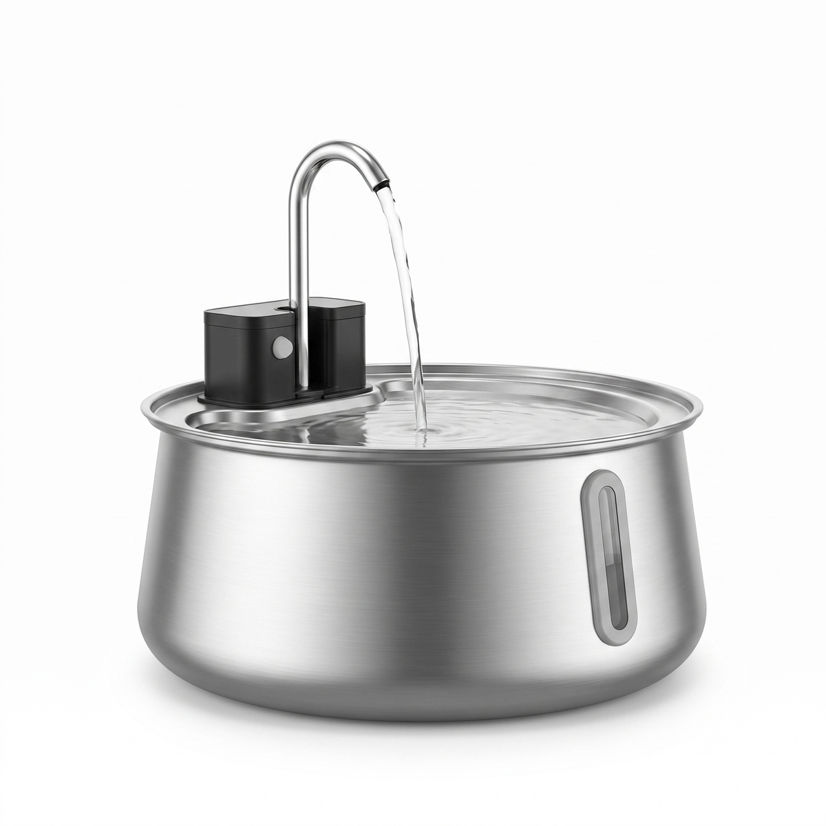 Stainless steel cat water fountain 3.2L with chrome tap on white background