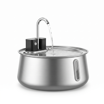 Stainless steel cat water fountain 3.2L with chrome tap on white background