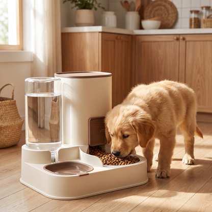 Golden retriever puppy eating from the gravity pet feeder and water station in a kitchen