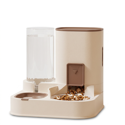 Cream and mocha 2 in 1 gravity pet feeder and water station on a white background