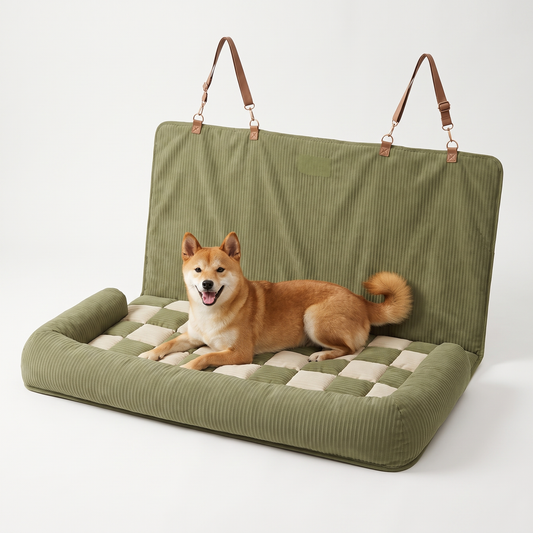 Dog car seat bed for the back seat with a happy dog lying on the olive checkerboard mattress