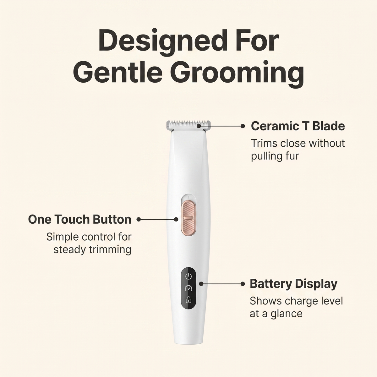 Annotated diagram of the pet trimmer highlighting the ceramic T blade, one touch button and battery display