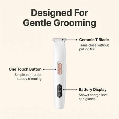 Annotated diagram of the pet trimmer highlighting the ceramic T blade, one touch button and battery display