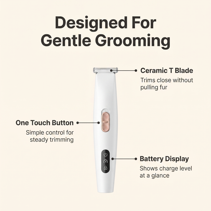 Annotated diagram of the pet trimmer highlighting the ceramic T blade, one touch button and battery display