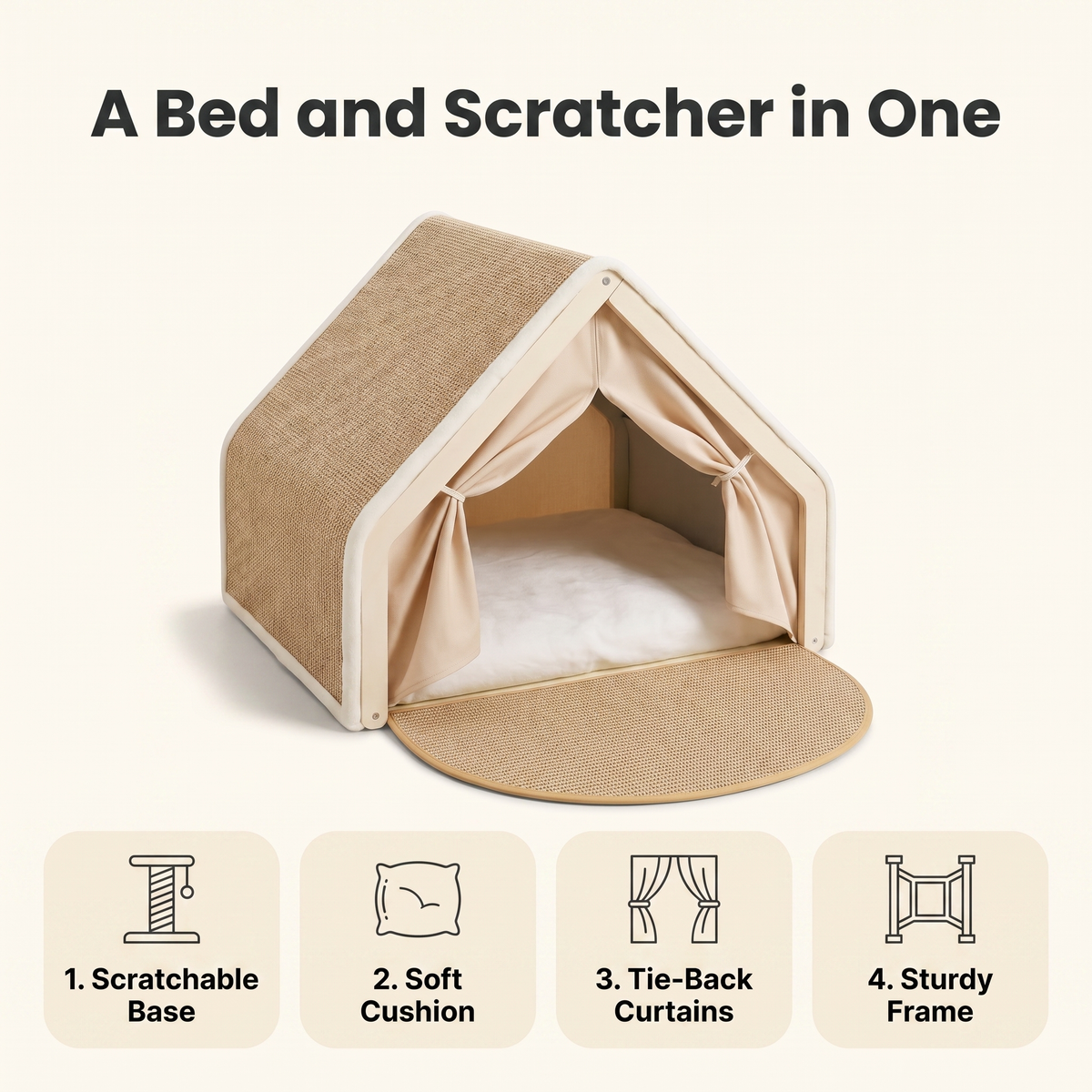 Cat tent bed feature overview: scratchable base, soft cushion, tie-back curtains, sturdy frame