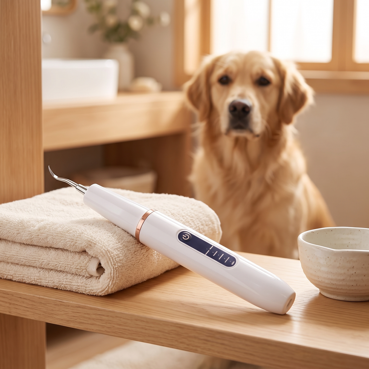 Ultrasonic pet teeth cleaning pen on a bathroom shelf with a golden retriever nearby
