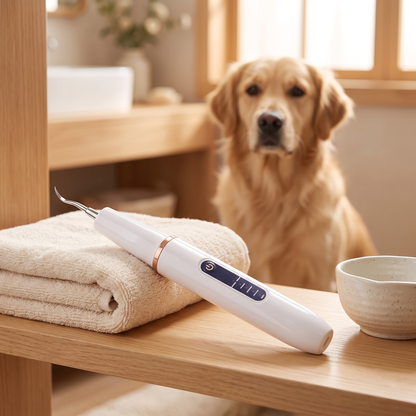 Ultrasonic pet teeth cleaning pen on a bathroom shelf with a golden retriever nearby