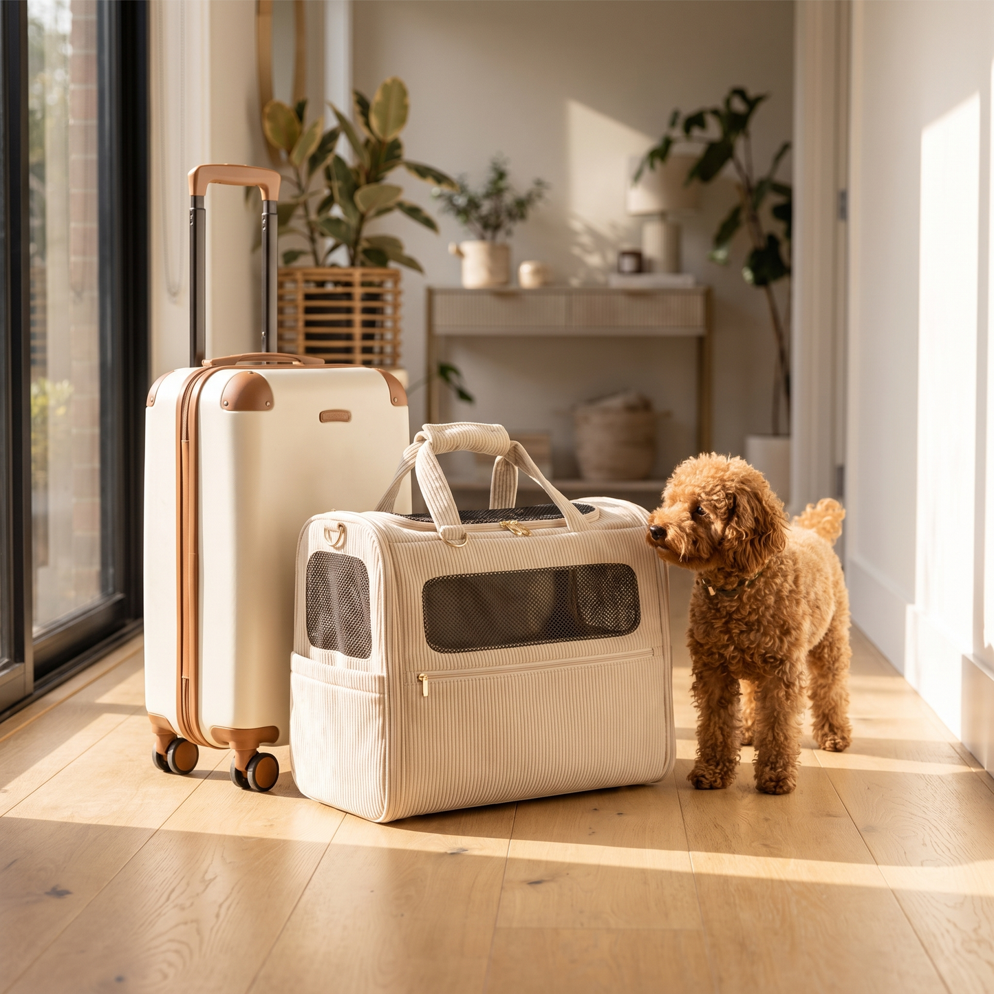 Beige corduroy dog carrier beside a suitcase in a bright hallway with a curious poodle