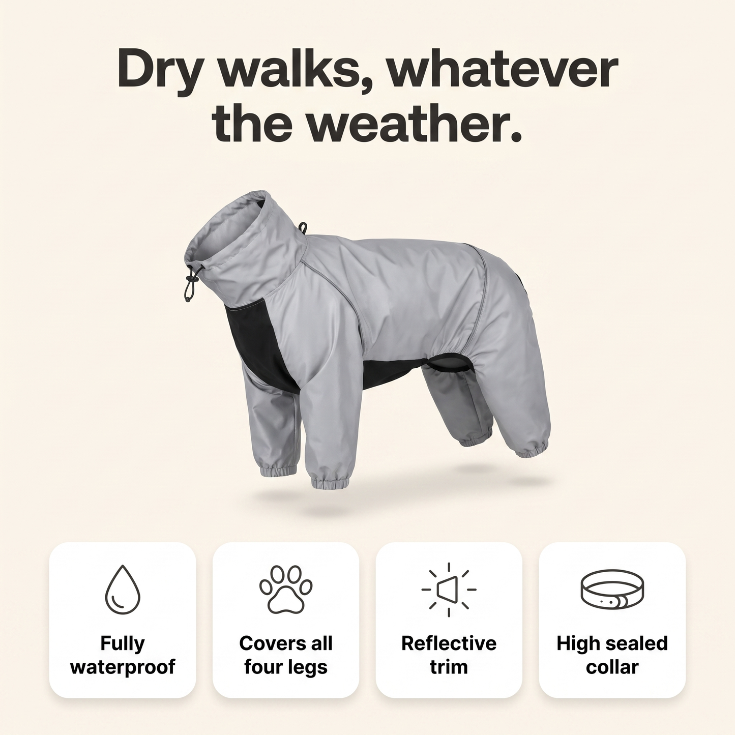 Waterproof dog raincoat feature overview: fully waterproof, covers all four legs, reflective trim, high sealed collar