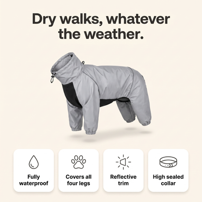 Waterproof dog raincoat feature overview: fully waterproof, covers all four legs, reflective trim, high sealed collar