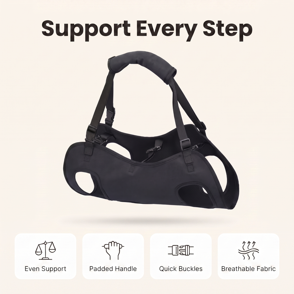 Dog harness feature overview: even support, padded handle, quick buckles, breathable fabric