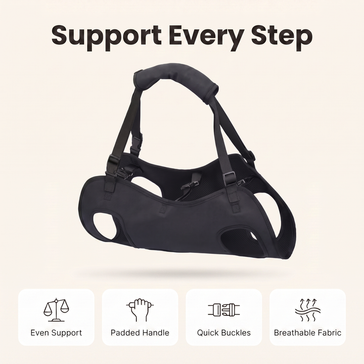 Dog harness feature overview: even support, padded handle, quick buckles, breathable fabric