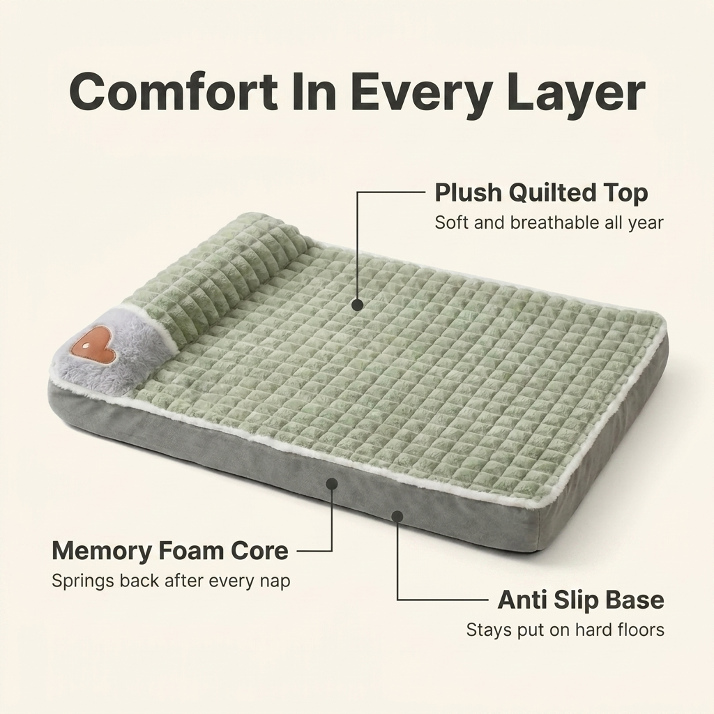 Annotated diagram of the memory foam dog bed layers and anti slip base