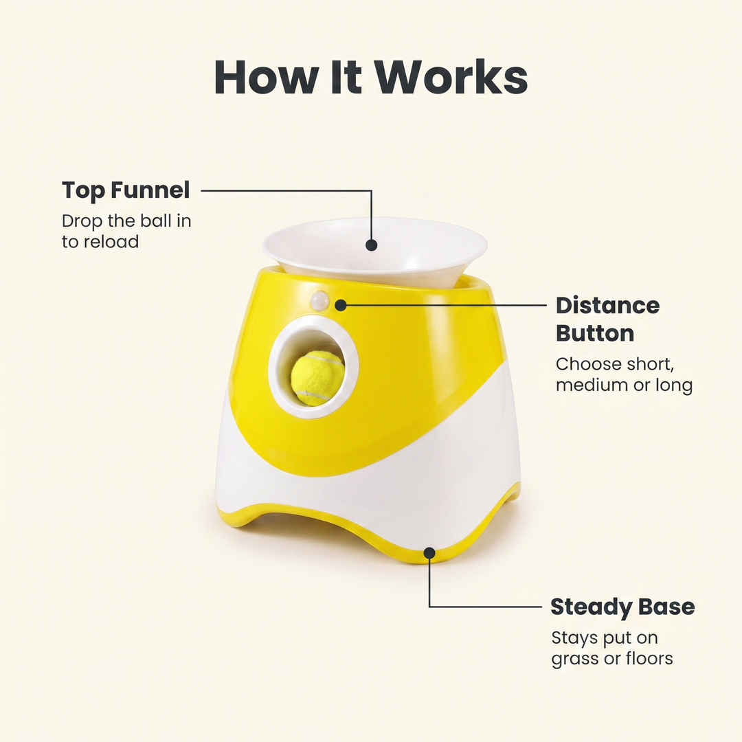 How the automatic dog ball launcher works: top funnel, distance button and steady base explained