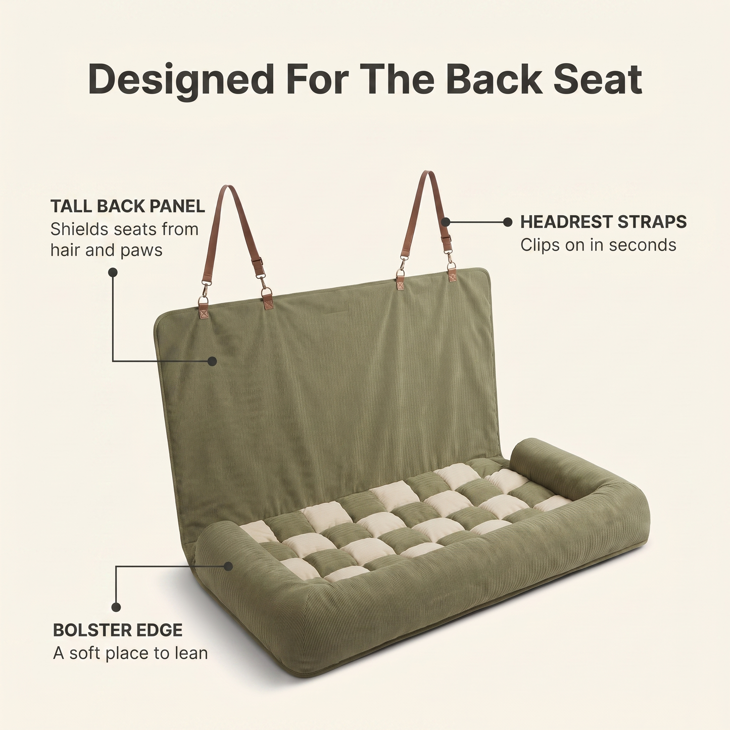 Annotated diagram of the back seat dog car bed showing headrest straps, tall back panel and bolster edge