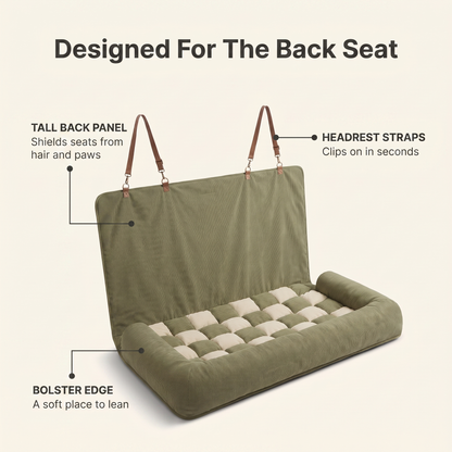 Annotated diagram of the back seat dog car bed showing headrest straps, tall back panel and bolster edge