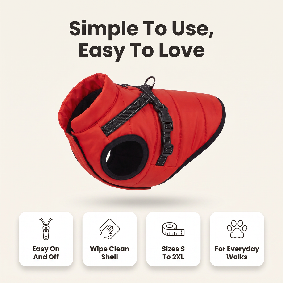 Dog coat with harness care and sizing overview: easy on and off, wipe clean shell, sizes S to 2XL, for everyday walks