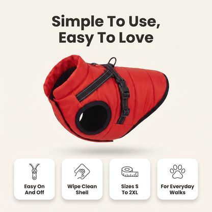 Dog coat with harness care and sizing overview: easy on and off, wipe clean shell, sizes S to 2XL, for everyday walks