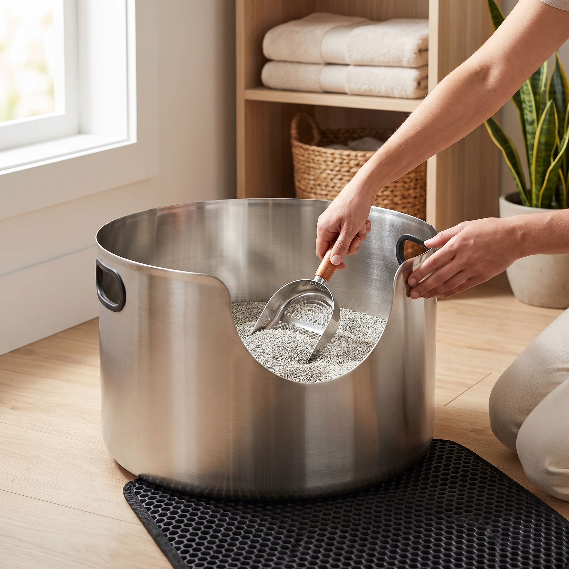 Owner sifting litter in the stainless steel cat litter box with the wooden handle scoop