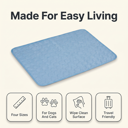 Pet cooling mat feature overview: four sizes, for dogs and cats, wipe clean surface, travel friendly