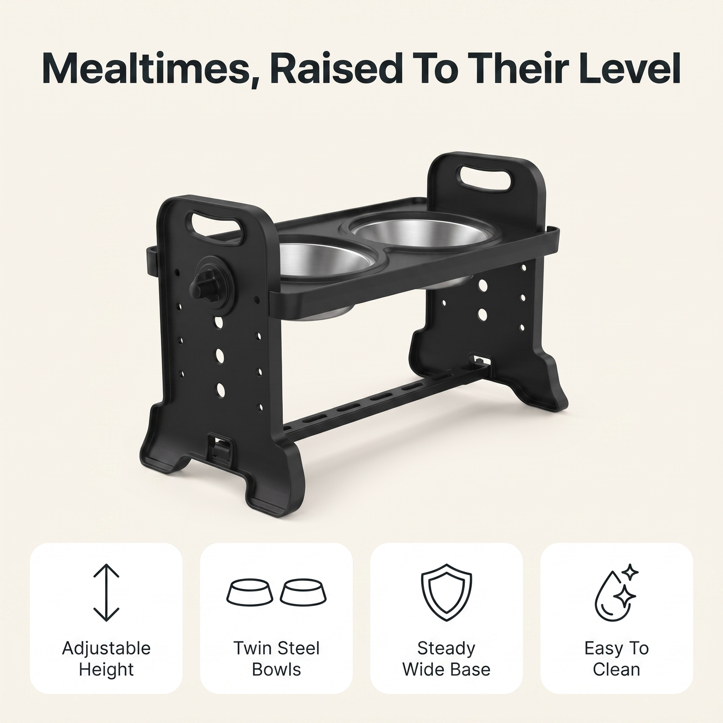 Raised dog bowl stand feature overview: adjustable height, twin steel bowls, steady wide base, easy to clean