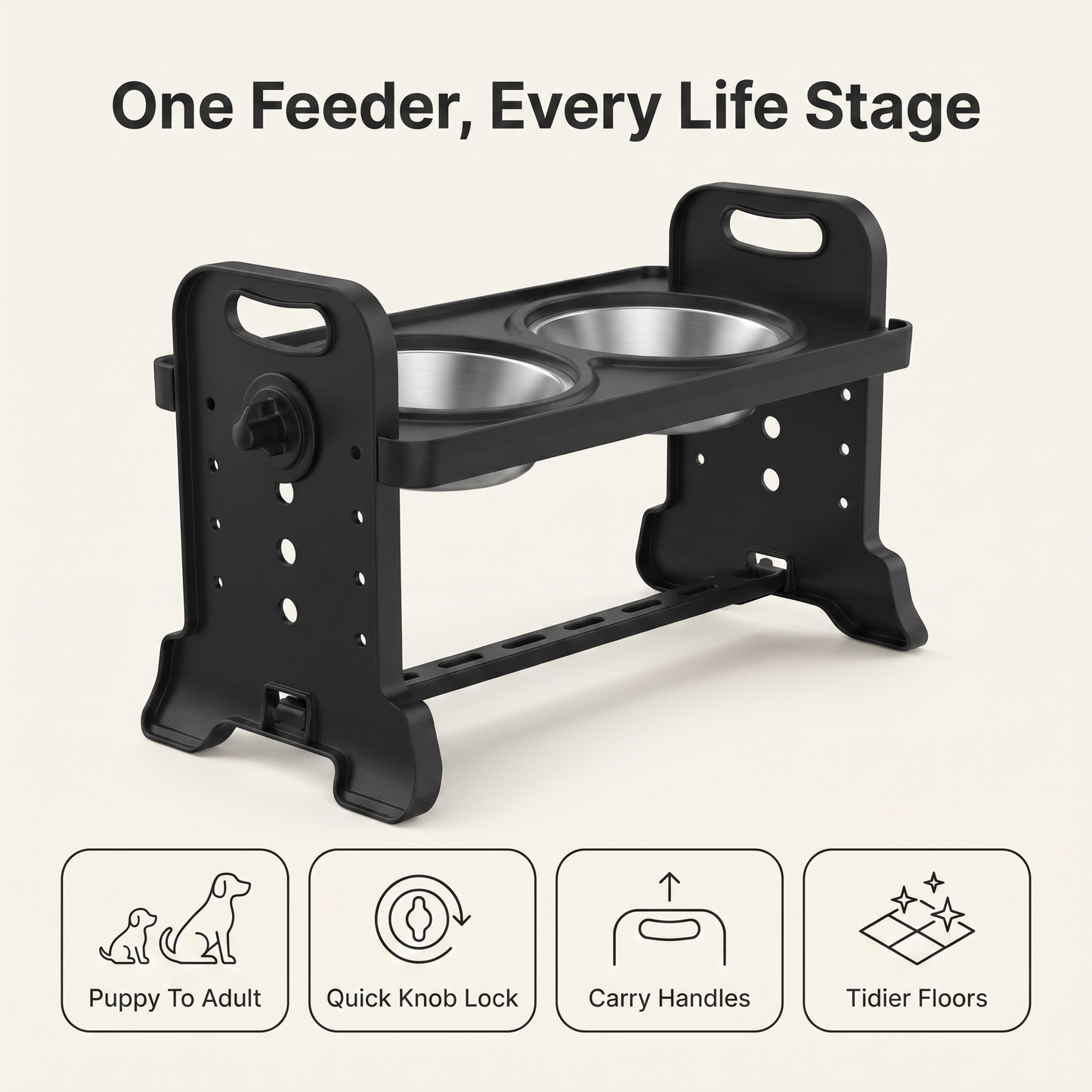 Height adjustable dog feeder feature overview: puppy to adult, quick knob lock, carry handles, tidier floors