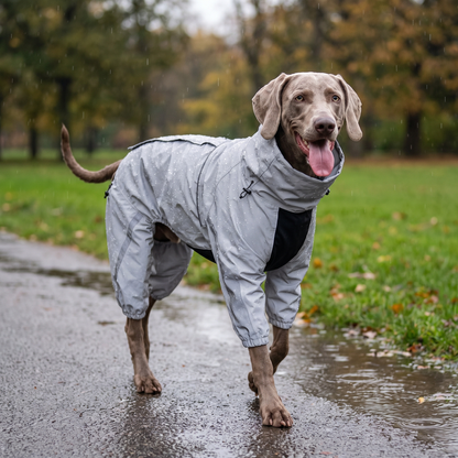 Dog walking through a rainy park kept dry in a full body waterproof rain coat