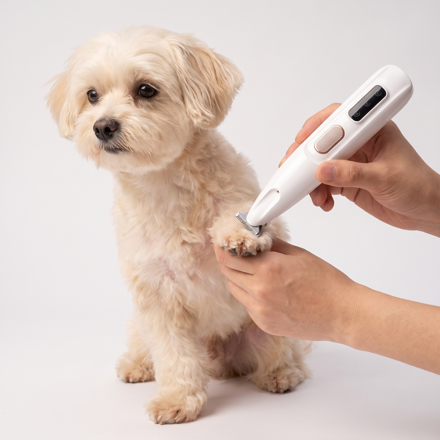 Owner gently trimming a small dog paw with the quiet dog clippers ceramic blade trimmer