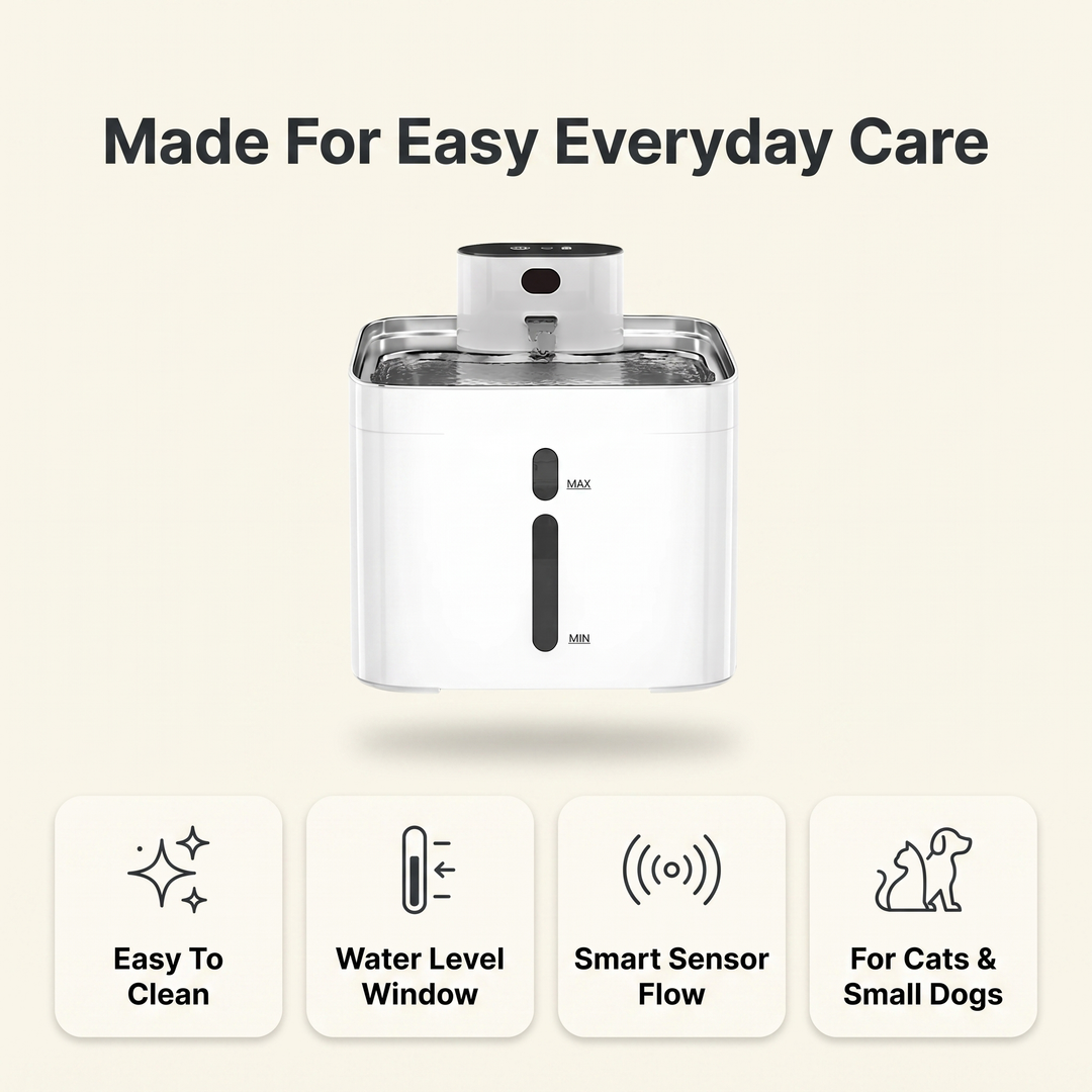 Pet water fountain care features: easy to clean, water level window, smart sensor flow, for cats and small dogs
