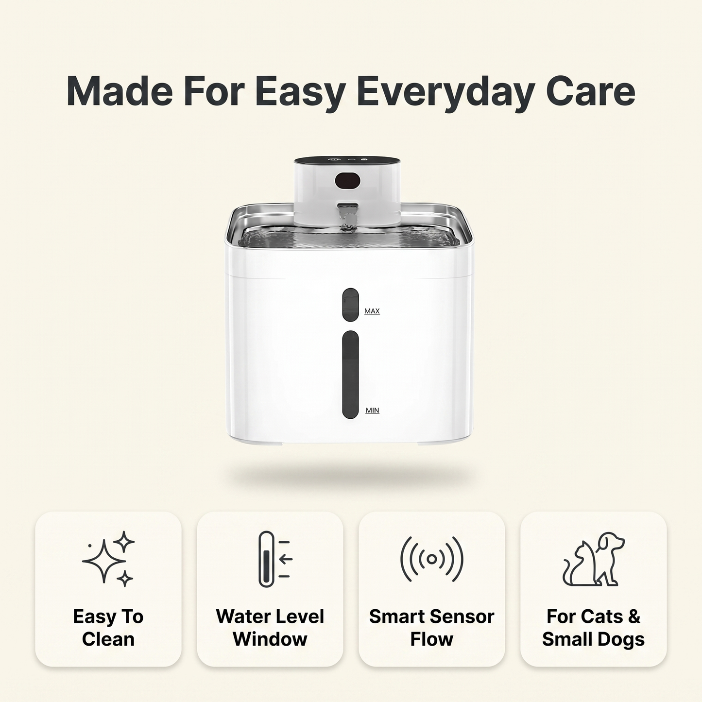 Pet water fountain care features: easy to clean, water level window, smart sensor flow, for cats and small dogs