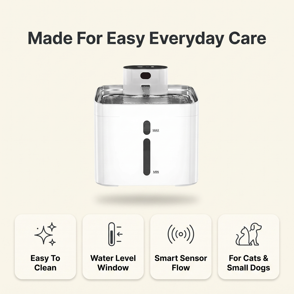 Pet water fountain care features: easy to clean, water level window, smart sensor flow, for cats and small dogs