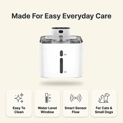 Pet water fountain care features: easy to clean, water level window, smart sensor flow, for cats and small dogs