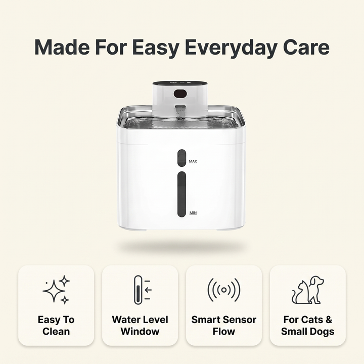 Pet water fountain care features: easy to clean, water level window, smart sensor flow, for cats and small dogs
