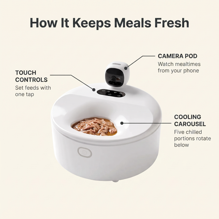 Annotated diagram of the automatic wet food feeder showing camera pod, cooling carousel and touch controls