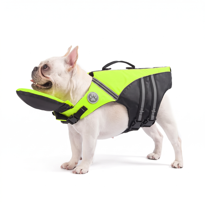 FloatPaw dog life jacket with rescue handle in green