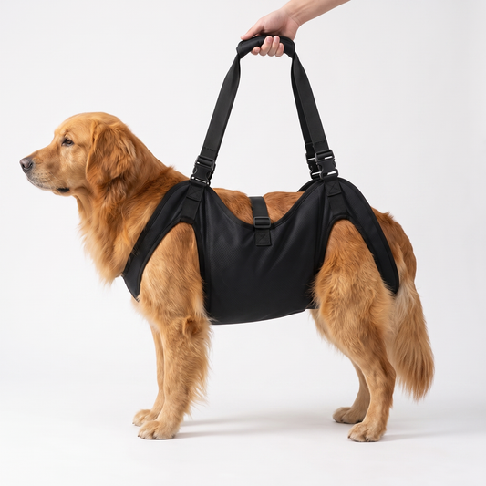 Golden retriever wearing the black full body support dog harness with padded lifting handle