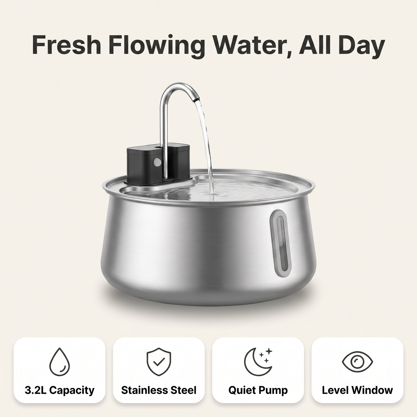 Stainless steel cat water fountain infographic showing 3.2L capacity, quiet pump and level window