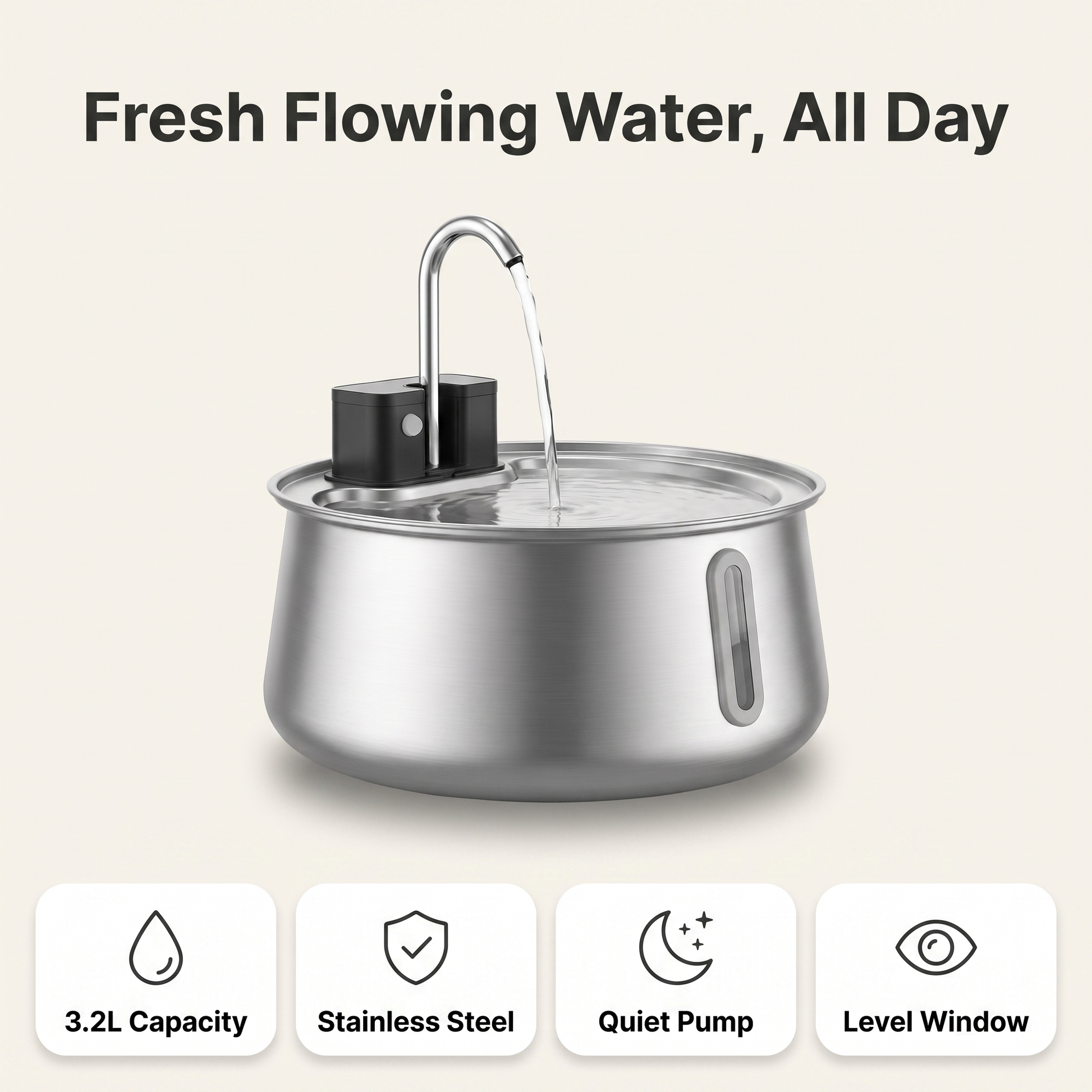 Stainless steel cat water fountain infographic showing 3.2L capacity, quiet pump and level window