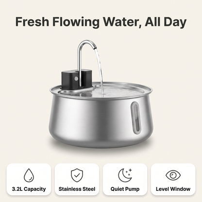 Stainless steel cat water fountain infographic showing 3.2L capacity, quiet pump and level window