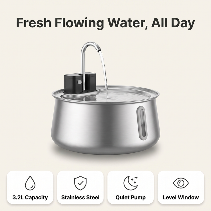 Stainless steel cat water fountain infographic showing 3.2L capacity, quiet pump and level window