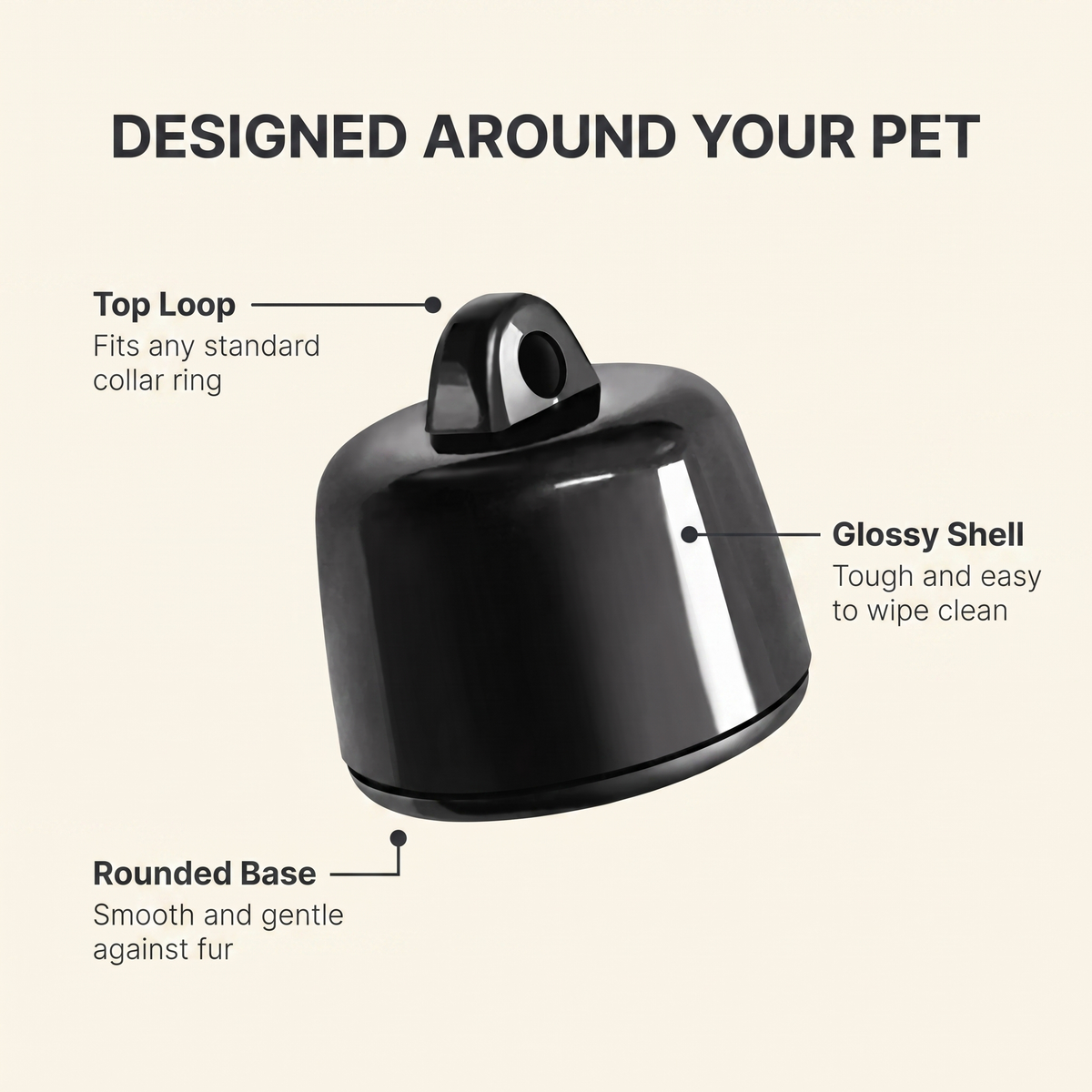 Annotated diagram of the pet tracker showing top loop, glossy shell and rounded base