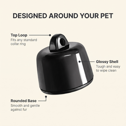 Annotated diagram of the pet tracker showing top loop, glossy shell and rounded base