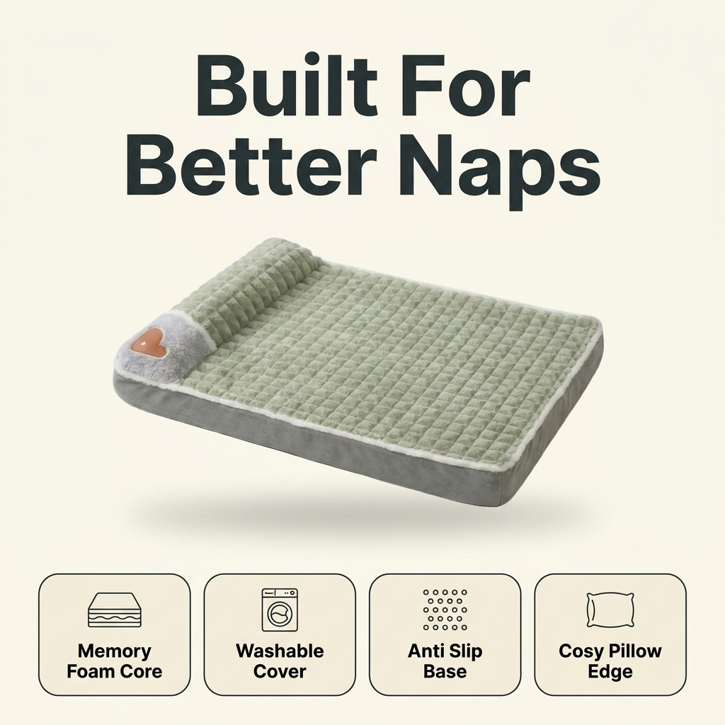 Memory foam dog bed features: foam core, washable cover, anti slip base, pillow edge