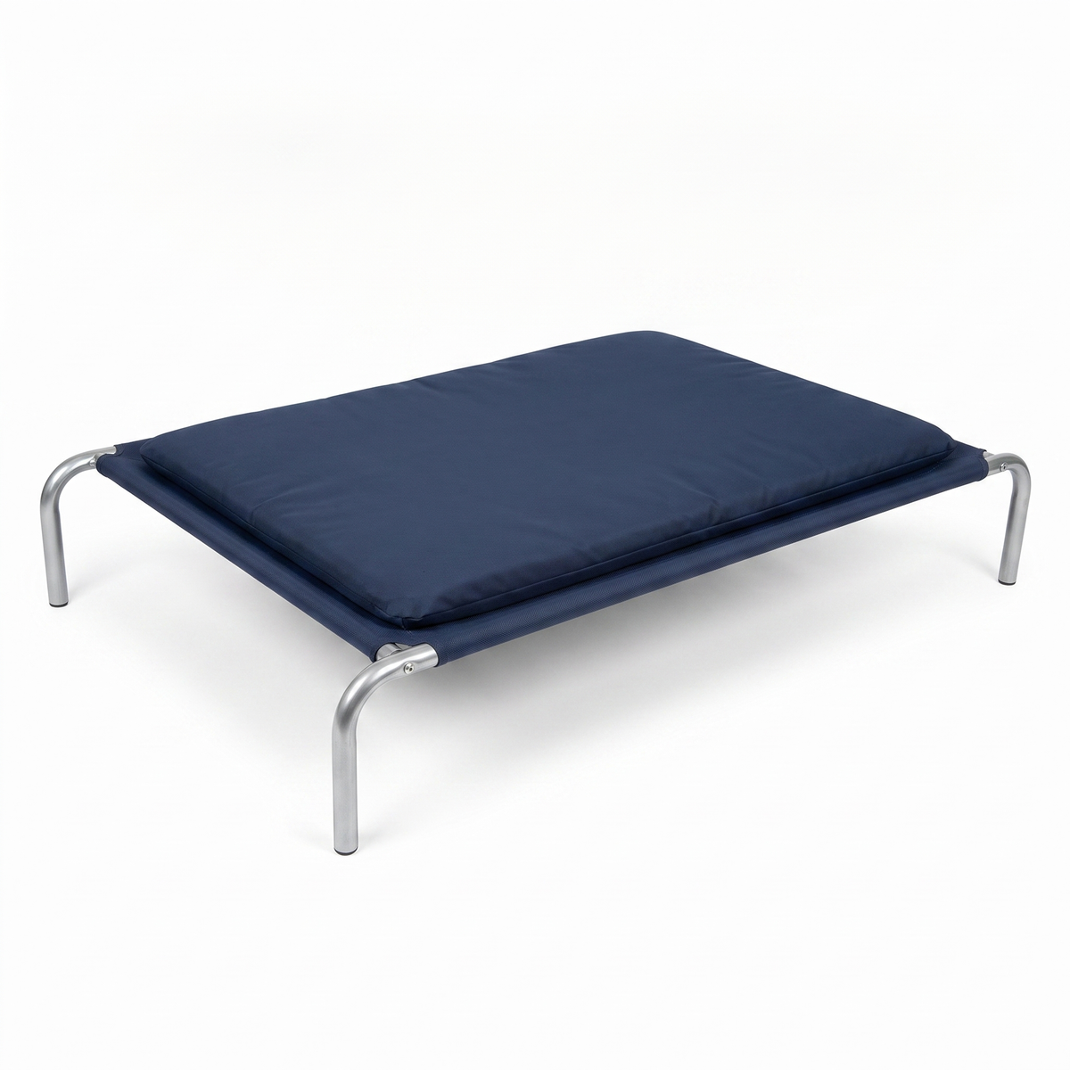 Raised dog bed with navy platform, padded cushion and silver metal legs on white background