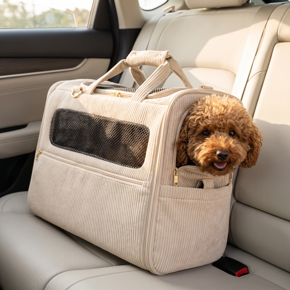 Dog looking out of a soft beige carrier bag on a car back seat