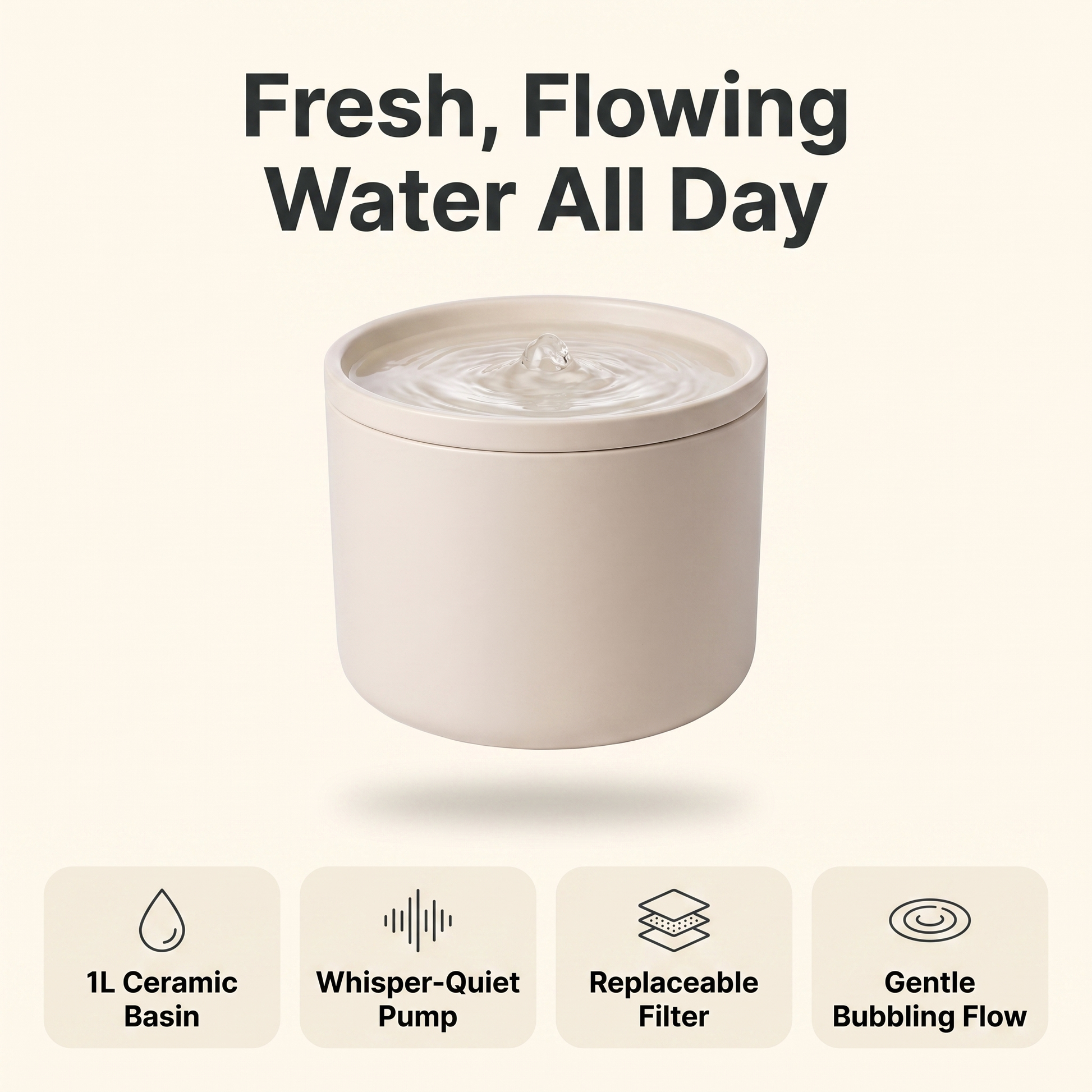 PureFlow ceramic cat water fountain features: 1L ceramic basin, whisper-quiet pump, replaceable filter, gentle bubbling flow