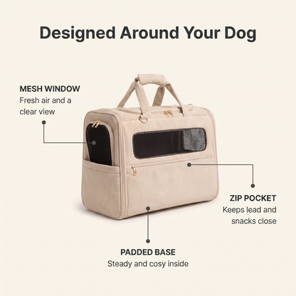 Annotated dog carrier showing mesh window, padded base and front zip pocket