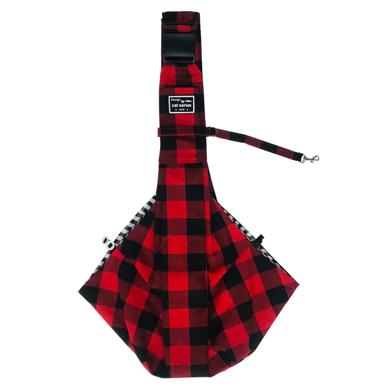 Red plaid padded pet sling carrier