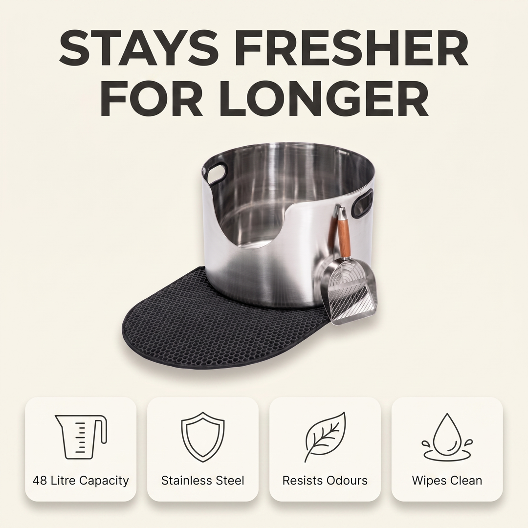 Stainless steel cat litter box infographic: 48 litre capacity, resists odours, wipes clean