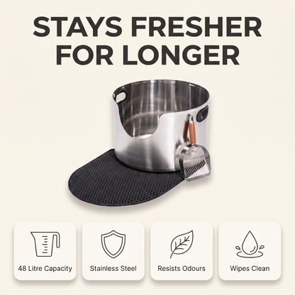 Stainless steel cat litter box infographic: 48 litre capacity, resists odours, wipes clean